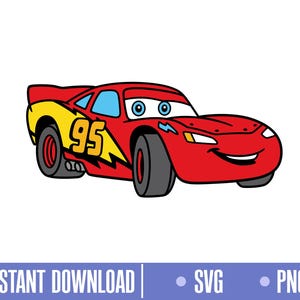Puede incluir: Ilustración de dibujos animados de un coche de carreras rojo con el número "95" en amarillo y negro en el lateral. El coche tiene ojos azules y una cara sonriente. La imagen es una descarga digital en formatos SVG y PNG.