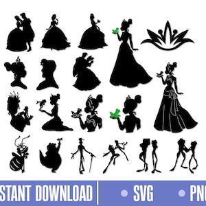 Puede incluir: Ilustraciones de siluetas negras de varios personajes, incluyendo princesas, una rana y otras figuras. La imagen incluye el texto "INSTANT DOWNLOAD | SVG • PNG".