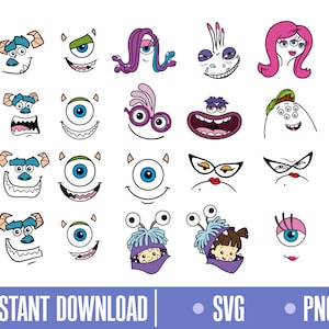 Könnte beinhalten: Ein Set mit 18 bunten Monstergesichtern aus Cartoons, darunter Mike, Sulley, Boo und andere Figuren aus dem Film Monster AG. Jedes Gesicht ist auf weißem Hintergrund isoliert.