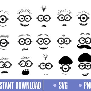Puede incluir: Un conjunto de 16 archivos digitales SVG y PNG de cara de Minion en blanco y negro. Las caras tienen diferentes expresiones, incluyendo feliz, triste, sorprendido y enojado.