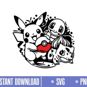 Puede incluir: Ilustración en blanco y negro de tres personajes de Pokémon: Pikachu, Squirtle y Bulbasaur. Pikachu sostiene una Poké Ball roja y blanca. Los personajes están rodeados de remolinos en blanco y negro.