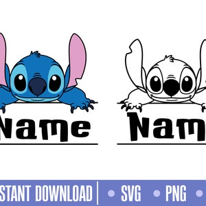 Pode incluir: Um personagem de desenho animado azul e rosa com olhos grandes e um sorriso largo está espiando por cima de uma placa que diz "Nome". O personagem está delineado em preto.