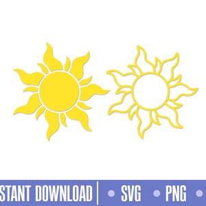 Puede incluir: Dos diseños de sol amarillos sobre un fondo blanco. Uno es sólido, el otro es un contorno. La imagen incluye el texto "INSTANT DOWNLOAD | SVG | PNG | DXF" en una barra azul en la parte inferior.