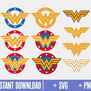 Puede incluir: Colección de diseños del logotipo de Wonder Woman en varios estilos. Los logotipos presentan el icónico símbolo "W" con alas, en colores como azul, rojo y dorado. Algunos logotipos son circulares con estrellas, otros son independientes.