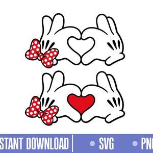 Puede incluir: Gráfico con dos conjuntos de manos de dibujos animados formando corazones. Un corazón está abierto, el otro está relleno de rojo. Cada conjunto incluye un lazo rojo con lunares blancos. Incluye el texto "INSTANT DOWNLOAD", "SVG" y "PNG".