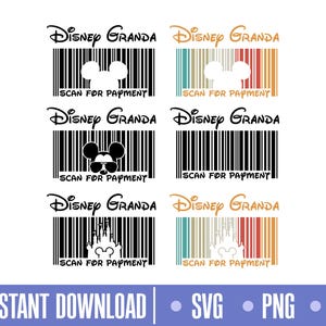 Puede incluir: Gráfico de descarga digital con seis diseños. El texto "Disney Granda" está sobre imágenes tipo código de barras. Los diseños incluyen Mickey Mouse, un castillo y el texto "Scan for Payment". El banner inferior dice "Descarga instantánea" y enumera tipos de archivos.