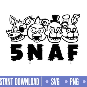 Puede incluir: Ilustración en blanco y negro de cuatro personajes de dibujos animados de la serie de videojuegos Five Nights at Freddy's. Los personajes son Freddy Fazbear, Bonnie the Bunny, Chica the Chicken y Foxy the Pirate Fox. El texto "5NAF" está debajo de los personajes.
