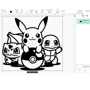 Op de afbeelding: Zwart-witte lijntekening van drie Pok&eacute;mon-personages: Pikachu, Bulbasaur en Squirtle. Pikachu houdt een Pok&eacute;bal vast.