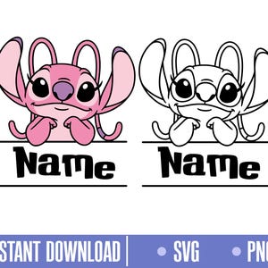 Puede incluir: Ilustración digital de dos versiones de un personaje de dibujos animados, una en rosa y otra en blanco y negro. Ambos personajes tienen orejas grandes y están colocados encima de una pancarta que dice "Name". La parte inferior de la imagen incluye el texto "INSTANT DOWNLOAD", "SVG" y "PNG".