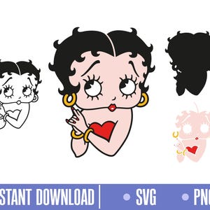 May include: A collection of Betty Boop illustrations in various styles. The main image features a color illustration of Betty Boop with a red heart, gold jewelry, and black hair. Additional images include a black and white outline, a silhouette, and a pink version.