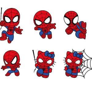 Puede incluir: Un conjunto de seis pegatinas de personajes de dibujos animados que representan a un superhéroe rojo y azul con un diseño de telaraña. Las pegatinas están en varias poses, incluida una con una telaraña.