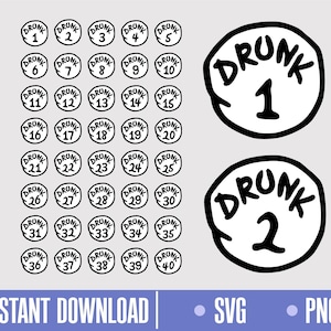 Puede incluir: Un conjunto de 40 pegatinas circulares en blanco y negro con la palabra "DRUNK" y un número del 1 al 40. Las pegatinas están diseñadas para parecerse a los adornos de "Who-ville" del icónico personaje del "Grinch".