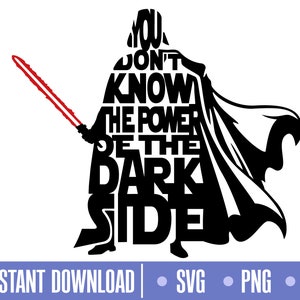 Puede incluir: Silueta en blanco y negro de Darth Vader con el texto "You don't know the power of the dark side" dentro de la silueta.