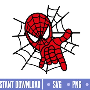 Op de afbeelding: Een rode en zwarte cartoonillustratie van Spider-Mans hoofd en hand die naar rechts wijst, met een zwart-wit spinnenweb erachter.
