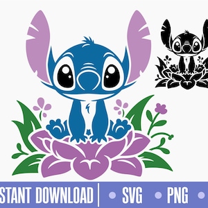 Pode incluir: Um personagem azul do Stitch do filme da Disney Lilo & Stitch sentado em uma flor roxa com folhas verdes. O personagem tem olhos grandes e um grande sorriso.