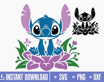 May include: A blue Stitch character from the Disney movie Lilo & Stitch sitting on a purple flower with green leaves. The character has large eyes and a big smile.
