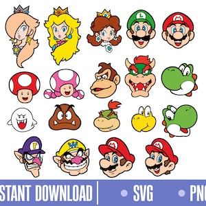 Puede incluir: Un conjunto de 16 ilustraciones de personajes de dibujos animados coloridos con personajes de la franquicia de videojuegos Super Mario Bros. Los personajes incluyen Mario, Luigi, Peach, Bowser, Toad, Yoshi, Donkey Kong, y más.
