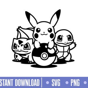 Puede incluir: Ilustración en blanco y negro de línea de arte de tres personajes de Pokémon: Bulbasaur, Pikachu y Squirtle. Pikachu está sosteniendo una Poké Ball.