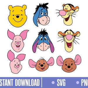 Puede incluir: Una colección de caras de personajes de dibujos animados, incluyendo Winnie the Pooh, Eeyore, Tigger, Piglet y Roo. Los personajes son de colores brillantes con rasgos faciales distintivos. La imagen también incluye el texto "DESCARGA INSTANTÁNEA" e indicadores de tipo de archivo.