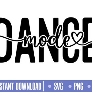 Puede incluir: Diseño gráfico en blanco y negro con el texto "Dance mode" y un corazón. El texto está en una fuente cursiva.
