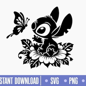 Pode incluir: Silhueta preta e branca de um personagem de desenho animado Stitch sentado em uma flor com uma borboleta voando por perto.