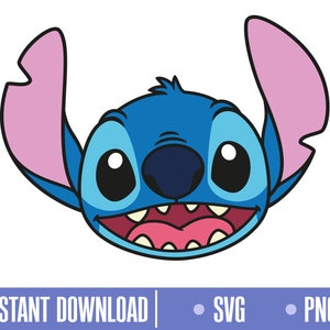 Puede incluir: Una ilustración de dibujos animados de Stitch, un personaje alienígena azul con orejas grandes, de la película de Disney Lilo & Stitch. Stitch tiene ojos grandes y redondos, una amplia sonrisa y una lengua rosa que sobresale.