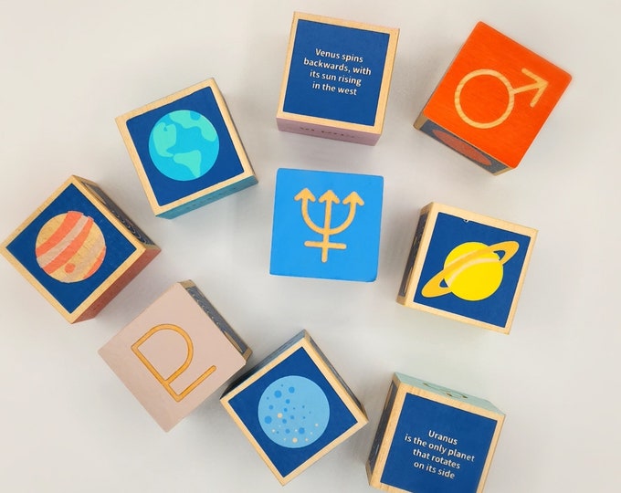 Wooden Cubes Solar System Handcrafted Educational Montessori Toys, Handmade Eco-Friendly Developmental Toy for Kids
