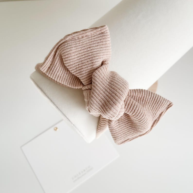 Iola Bow Newborn Headband | Tiny Baby Top Knot Headband | Soft Bow Headband |Baby Girl Headband | Cute Bow | Baby Girl Gift Latte