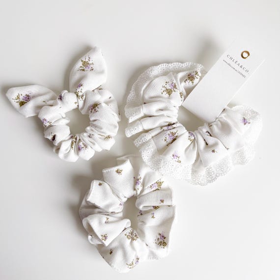 フローラルシュシュ：ママと幼児用ヘアタイ、ウサギ、レーストリム