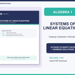 以下が含まれることがあります： Algebra 1 Systems of Linear Equationsと題されたデジタル教育資料。グラフ化、代入、消去法を扱っています。23ページの学生用パックには解答が含まれており、USレターおよびA4サイズに対応しています。
