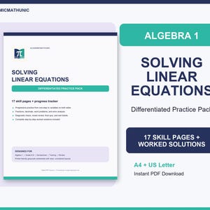 May include: Algebra 1 Solving Linear Equations differentiated practice pack featuring 17 skill pages and progress tracker. Includes fractions, decimals, word problems, error analysis, diagnostic check, mixed review, final quiz, and exit tickets.