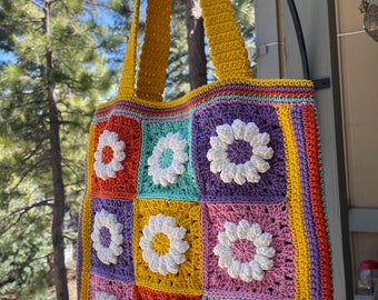 Daisy Crochet Bag, Granny Square Bag, Crochet shoulder bag, Crochet tote Bag, Retro Bag, Hippie Bag, Gift for Her, Boho Bag Colorful Bag