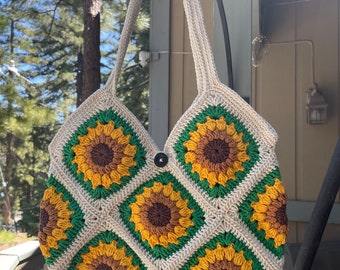 Sunflower Crochet Bag, Granny Square Bag, Crochet shoulder bag, Crochet tote Bag, Retro Bag, Hippie Bag, Gift for Her, Boho Bag