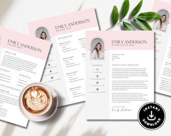 Resume and cover letter template, editable curriculum vitae, Eye catching, Change of career, add a photo, professionally designed CV, pink