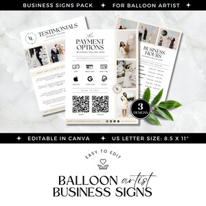Ballon Business Marketing, Ballon Künstler Schilder, Scan-to-Pay, Kundenmeinungen und Geschäftszeiten Schild, Ballongirlande & Bogen, bearbeitbar in Canva