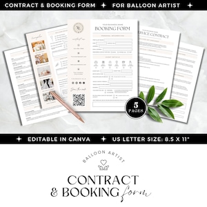 Ballon Servicevertrag Vorlage mit Buchungsformular, Ballon Künstler Planer Business, Ballon Girlande und Bogen, Minimal, Canva Template