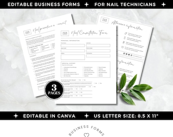 Nagelstudio Formen und Verzichtserklärungen, Vorlage für Nail-Tech-Verträge, Kundenannahmen, Nachsorgekarten, Geschäftsformen, bearbeitbar in Canva