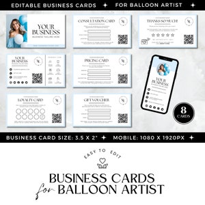 Visitekaartjes voor ballonplanner, visitekaartjes ballonslinger, ballonartiest zakelijke marketing, bewerkbare Canva-sjablonen met QR-code