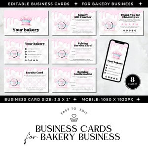 Paquete de tarjetas de visita de panadería, tarjetas de visita para panadero casero o pastelero, tarjeta de fidelidad, inserto de agradecimiento, certificado de regalo, plantillas de Canva