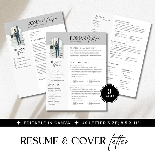 Resume and cover letter template, editable Canva curriculum vitae, Eye catching, Change of career, professionally designed layout, grey