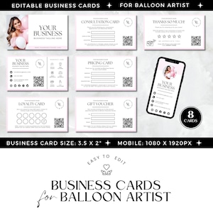 以下が含まれることがあります： 風船アーティスト向けの編集可能なビジネスカード8枚セット。カードはピンクと白で、黒いテキストで、相談カード、価格表、ロイヤルティカード、ギフト券、お礼状が含まれています。カードは3.5インチ×2インチで、標準的なビジネスカード用紙に印刷されるように設計されています。