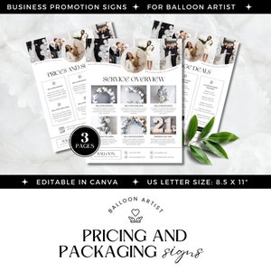 Marketing de negócios de balões, planilha de preços de artistas de balões, modelo de negócio de balões de panfleto, lista de preços de menu, pacotes de ofertas, editável no Canva