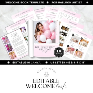 Puede incluir: Una plantilla de libro de bienvenida rosa y blanco para artistas de globos. La portada presenta a una mujer sosteniendo globos rosas y blancos. El libro tiene 16 páginas y es editable en Canva. El libro mide 21,6 cm por 27,9 cm.