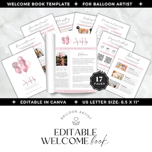 Puede incluir: Una plantilla de libro de bienvenida para artistas de globos. El libro abierto muestra páginas rosas y blancas con texto e imágenes. La portada presenta el texto "YB your business" y "Welcome Book". El libro es de tamaño US Letter: 21,59 cm x 27,94 cm.