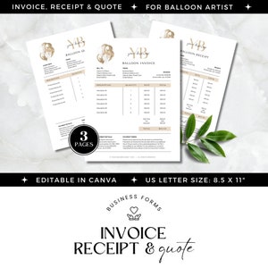 Op de afbeelding: Drie afdrukbare zakelijke formulieren voor een ballonnenkunstenaar. De formulieren zijn getiteld "Balloon GI", "Balloon Invoice" en "Balloon Receipt". De formulieren zijn ontworpen in een minimalistische stijl met een goud-wit kleurenschema. De formulieren zijn bewerkbaar in Canva en zijn 8,5 x 11 inch.