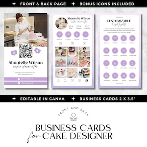 以下が含まれることがあります： ケーキデコレーター用の紫と白のビジネスカードテンプレート。カードの表には、ケーキをデコレーションしている女性の画像が掲載されています。カードの裏面には、ケーキの写真のグリッドと、「Shontelle Wilson、カフェデコレーター」というテキストのソーシャルメディアプロフィールが掲載されています。