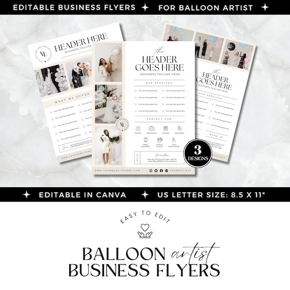 Balloon business marketing, balloon artist flyer, Ballon garland & arch service, small business flyers, Minimal, editable Canva template