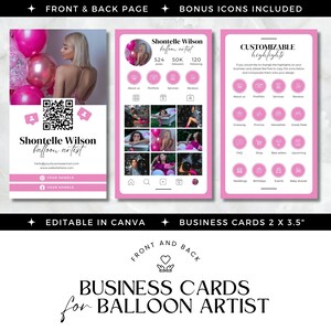 May include: Pink and white business card template for a balloon artist. The front of the card features a photo of a woman with pink balloons and a QR code. The back of the card has a customizable highlights section with icons for giveaways, promos, newsletters, sneak peeks, FAQs, shops, best sellers, upcoming events, weddings, birthdays, events, and baby showers.