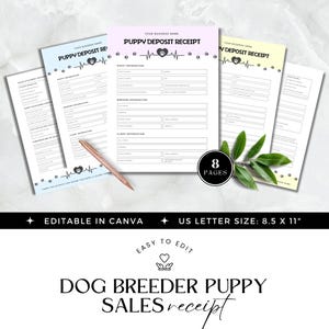 Dog breeder puppy sales receipt, editable puppy deposit form, puppy sales contract, dog breeder invoice paperwork, Canva template, 4 colours
