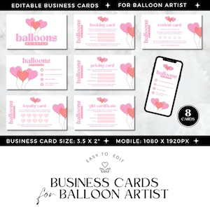 Tarjetas de presentación de artistas de globos, Tarjetas de presentación para planificadores de globos, Guirnaldas de globos para pequeñas empresas, Naranja rosado, Paquete de plantillas editables de Canva